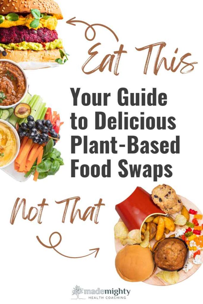 Eat This with arrow pointing to health plant-based burger, veggies, fruit and hummus. Not That with arrow pointing to fries, cookies, chips and candy and processed foods. Your Guide to Delicious Plant-Based Food Swaps